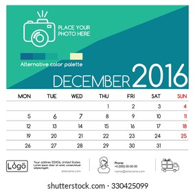 Template of calendar for December 2016. Week Starts Monday. Simple Vector Template
