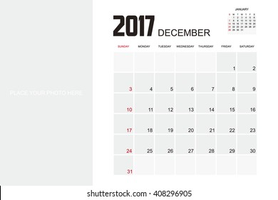 Template of calendar for DECEMBER 2017.