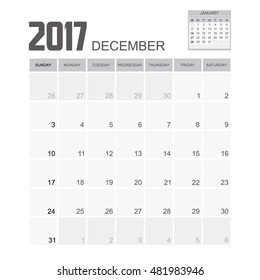 Template of calendar for DECEMBER 2017.