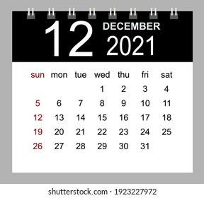 Template of calendar for December 2021. Week starts Sunday. Isolated vector illustration.