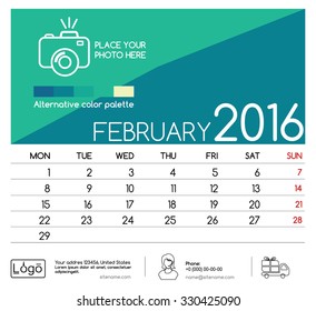 Template of calendar for February 2016. Week Starts Monday. Simple Vector Template