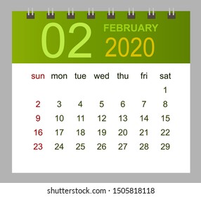 Template of calendar for February 2020. Week starts Sunday. Vector illustration.