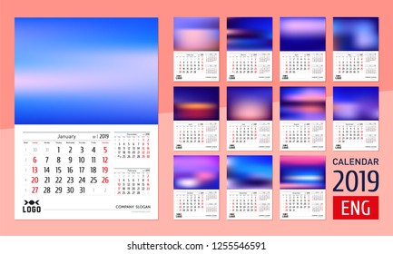 Template calendar grid 2019 for business. The language is English. Stylish, concise, for construction, pipe, industrial enterprise. Color: blue, gray, white, red, black, pink, yellow.