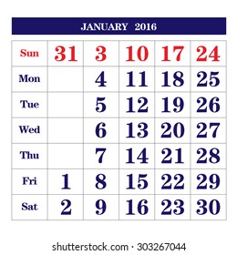 Template of calendar for January 2016
