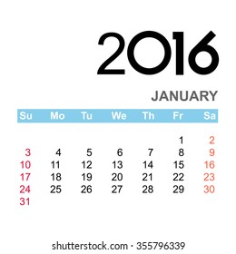 Template of calendar for JANUARY 2016  