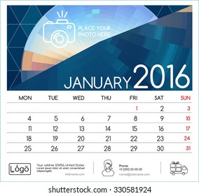 Template of calendar for January 2016. Week Starts Monday. Simple Vector Template