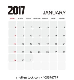Template of calendar for JANUARY 2017.