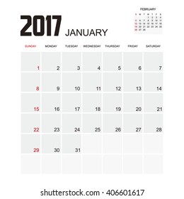 Template of calendar for JANUARY 2017.