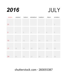 Template of calendar for July 2016
