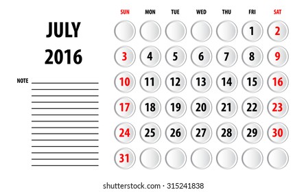 Template of calendar for July 2016