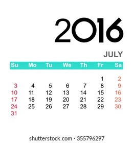 Template of calendar for JULY 2016  