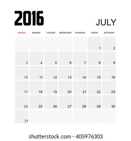 Template of calendar for JULY 2016.