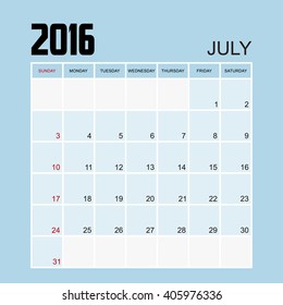 Template of calendar for JULY 2016.