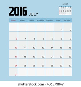 Template of calendar for JULY 2016.