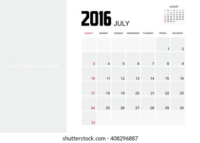 Template of calendar for JULY 2016.
