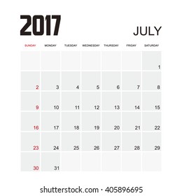 Template of calendar for JULY 2017.