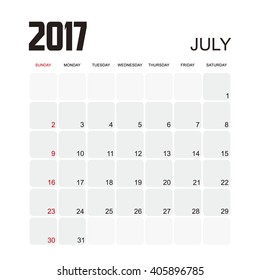 Template of calendar for JULY 2017.