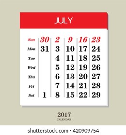 Template of calendar for July 2017
