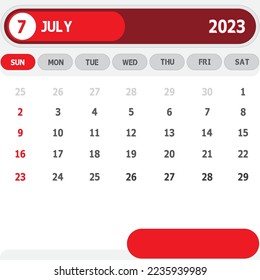 Template Calendar July 2023 Vector Design