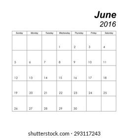 Template of calendar for June 2016
