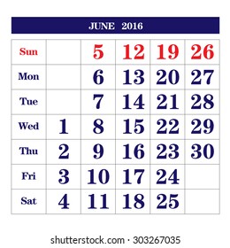 Template of calendar for June 2016
