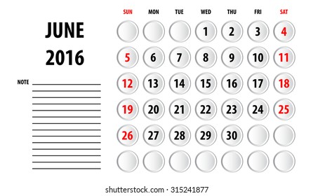 Template of calendar for June 2016