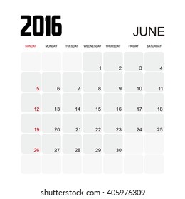 Template of calendar for JUNE 2016.