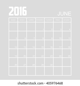 Template of calendar for JUNE 2016.