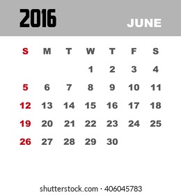 Template of calendar for JUNE 2016.