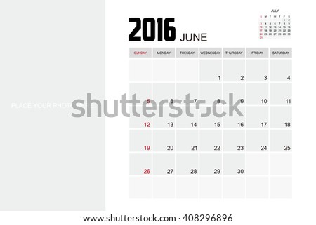Template of calendar for JUNE 2016.