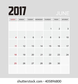 Template of calendar for JUNE 2017.