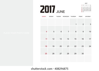 Template of calendar for JUNE 2017.