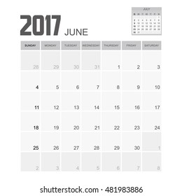 Template of calendar for JUNE 2017.