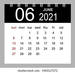 Template of calendar for June 2021. Week starts Sunday. Isolated vector illustration.