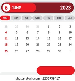 Calendario de plantillas Diseño de vectores de junio de 2023