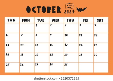 Vorlage Kalenderliste Oktober 2024. Handgezeichnetes Design. Illustration auf orangefarbenem Hintergrund.