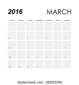 Template of calendar for March 2016
