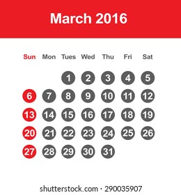 Template of calendar for March 2016
