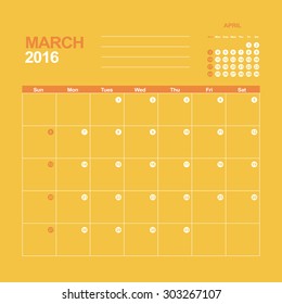 Template of calendar for March 2016
