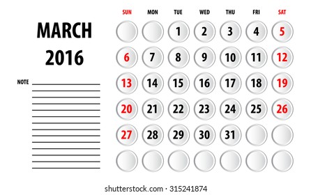 Template of calendar for March 2016