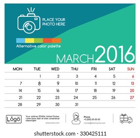 Template of calendar for March 2016. Week Starts Monday. Simple Vector Template