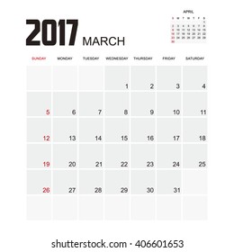 Template of calendar for MARCH 2017.