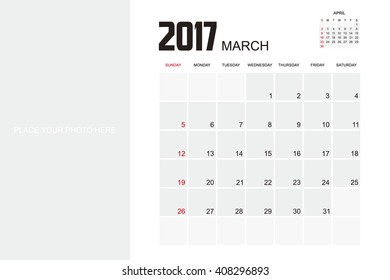 Template of calendar for MARCH  2017.