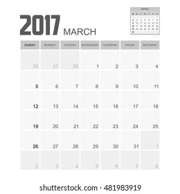 Template of calendar for MARCH 2017.