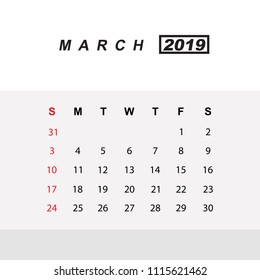 Template of calendar for March 2019
