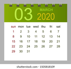 Template of calendar for March 2020. Week starts Sunday. Vector illustration.