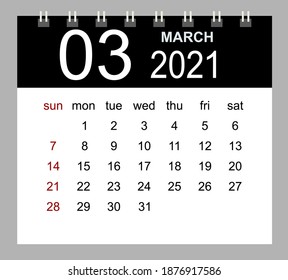 Template of calendar for March 2021. Week starts Sunday. Isolated vector illustration.