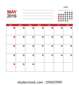 Template of calendar for May 2016
