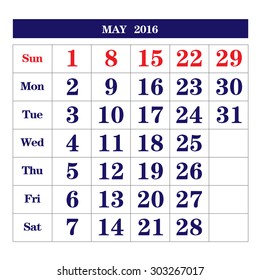 Template of calendar for May 2016
