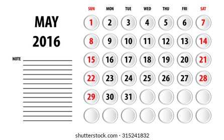 Template of calendar for May 2016